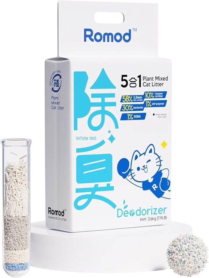 5-in-1 Tofu Cat Litter, Mixed Cassava, Bentonite, Baking Soda, SAP, Natural Plant, Fast Clumping, Strong Water Adsorption & Deodorization, No Tracking, Dust-Free, Flushable, 7.9lbs