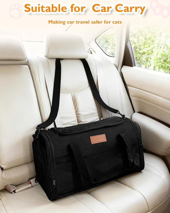 PETUX Airline Approved Cat Carrier or Small Cat up to 12 lb - 17"x11"x9.5", TSA, Underseat, Top & Side Entry, Soft Sided Pet Carrier with Breathable Anti-Scratch Mesh for Travel and Vet Visit - Black