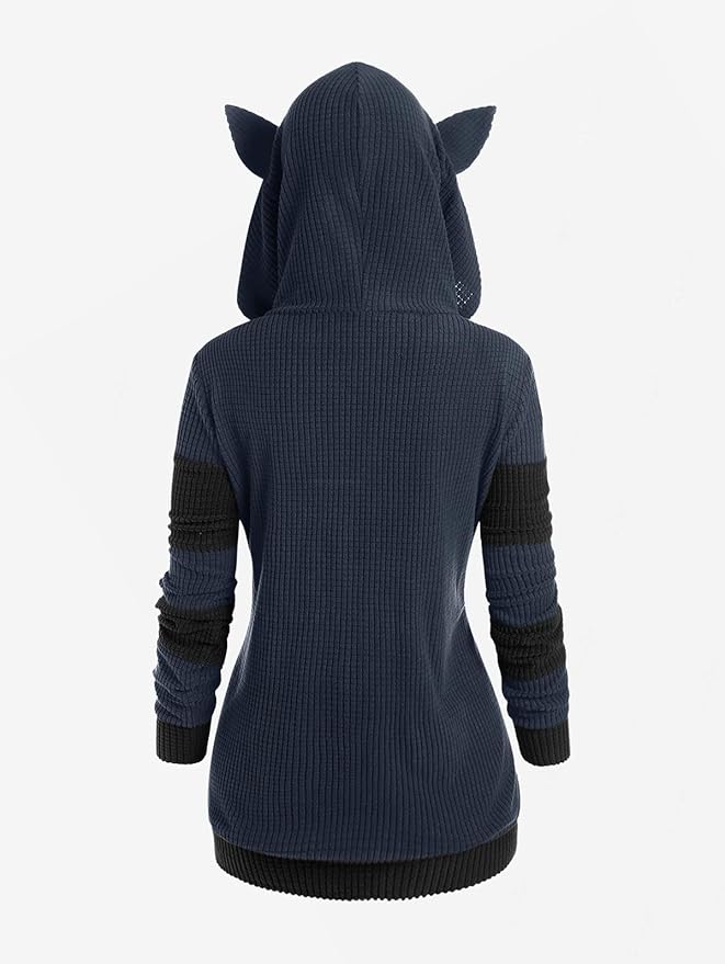ROSE GAL Rosegal Women Plus Size Cat Ear Ribbed Hooded Blouson Jacket Animal Ear Two Tone Cute Hoodie