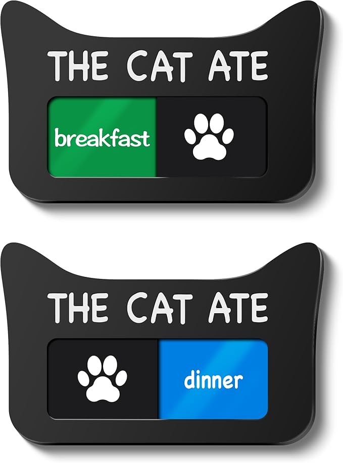 Cat Feeding Reminder Supplies with Magnet, Pet Meal Tracker with The Cat Ate, Acrylic Unique Ear Shape 2 Area Feed Sign with Breakfast and Dinner, Black with 2 Stickers, 4.7" x 3", 1 Pack