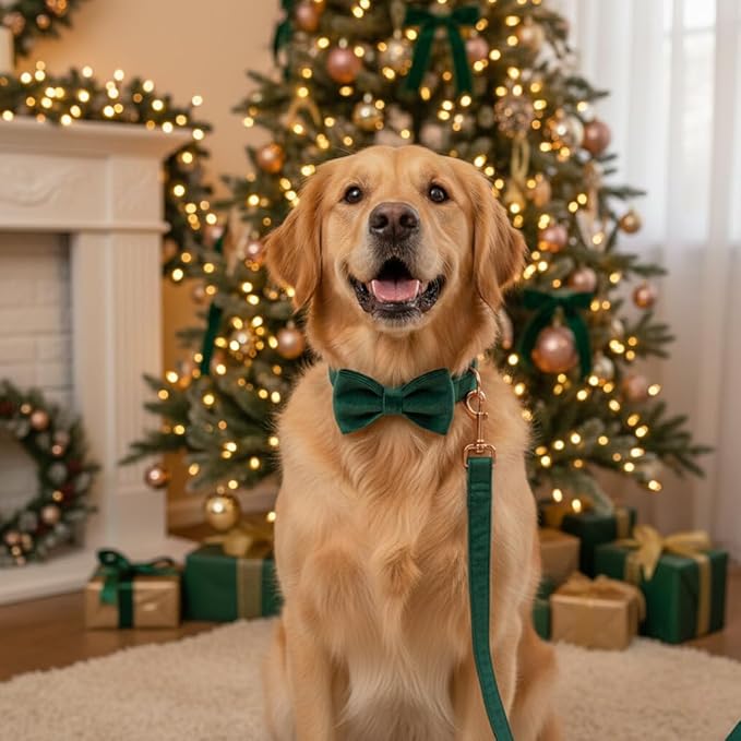 PETDURO Custom Dog Collar Personalized with Name Engraved Gold Metal Buckle for Large Medium Small Dogs - Soft Cute Velvet Dog Leash and Bow Tie Available (Christmas Green RG, XS)