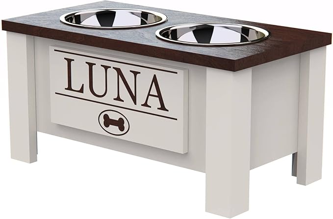 GTW Personalized Elevated Dog Bowl Stand for Large, Medium, Small, X-Small Dogs - Stainless Steel Food and Water Bowls - Raised Dog Dish with Internal Storage (Medium, Dark Walnut)