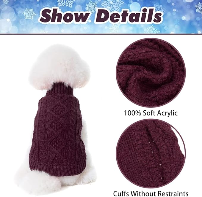 BINGPET Thermal Knitted Dog Sweater for Small Medium Large Dogs,Winter Dog Cat Coat Warm Sweartershirts Outfits,Classic Cable Knit Turtleneck Pullover Dog Jumper Coat Warm Sweartershirts