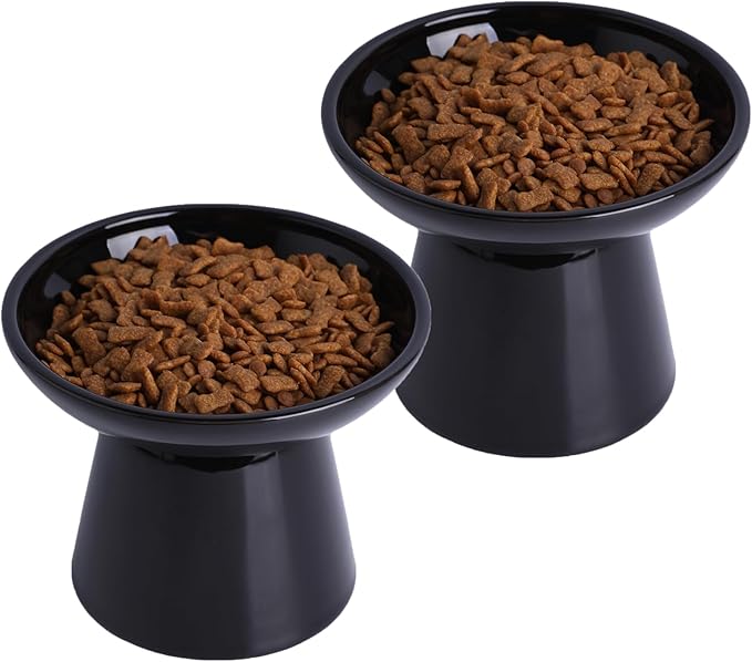 6.2 Inch Extra Wide Elevated Ceramic Cat Bowls, Food and Water Bowl Set for Elder Big Cats Small Dogs, Raised Design for Pet Easy Eating, Protect Cat's Spine Set of 2(Black)
