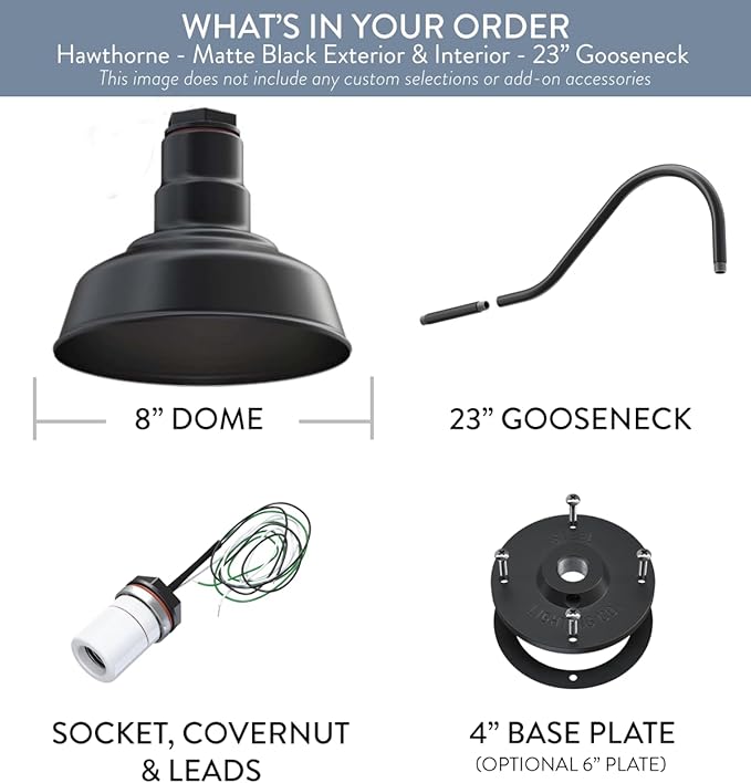 Steel Lighting Co. | Dusk to Dawn | Hawthorne Barn Light | Outdoor Wall Mounted | 8 in Dome | 23 inch Gooseneck| Small Farmhouse Light Made in America | Matte Black Exterior/Matte Black Interior