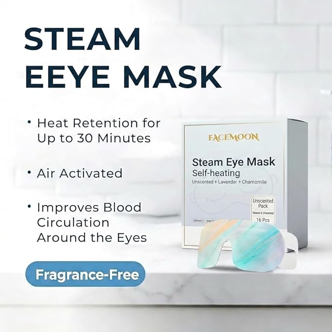 FACEMOON 16 Packs Self Heating Steam Eye Masks: Disposable Moist Warm Compress for Dry Eyes, Eye Strain, Stye & Stress Relief – No Microwave Needed for Relax, Travel, Sleep & Spa, Unscented
