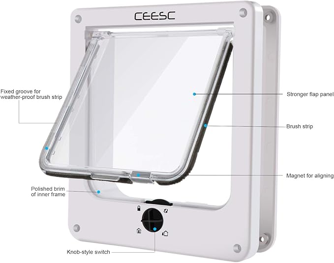 CEESC Large Cat Door for Interior/Exterior Door, Weatherproof, White, Rotary 4 Way Locking Pet Door for Cats & Dogs with Circumference < 23.62", Upgraded Version