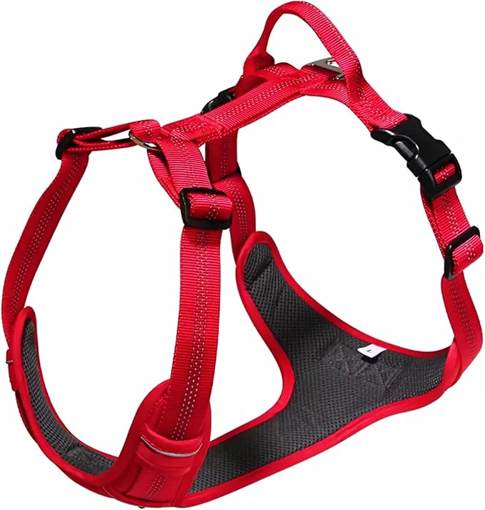 No Pull Dog Harness for Extra Large Dogs, Adjustable, Reflective Breathable Padded Vest with 2 Metal Leash Clips and Handle for Control or Car Seatbelt Use, Red, XL