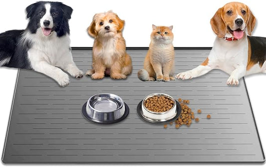 1.5MM Super Thick Dog Food Mat, 48"x32" Silicone Dog and Cat Mats for Food and Water Bowls, Waterproof Pet Feeding Mat for Contain Spills Protects Floors, Multiple Colors & Sizes for Pets, Light Gray