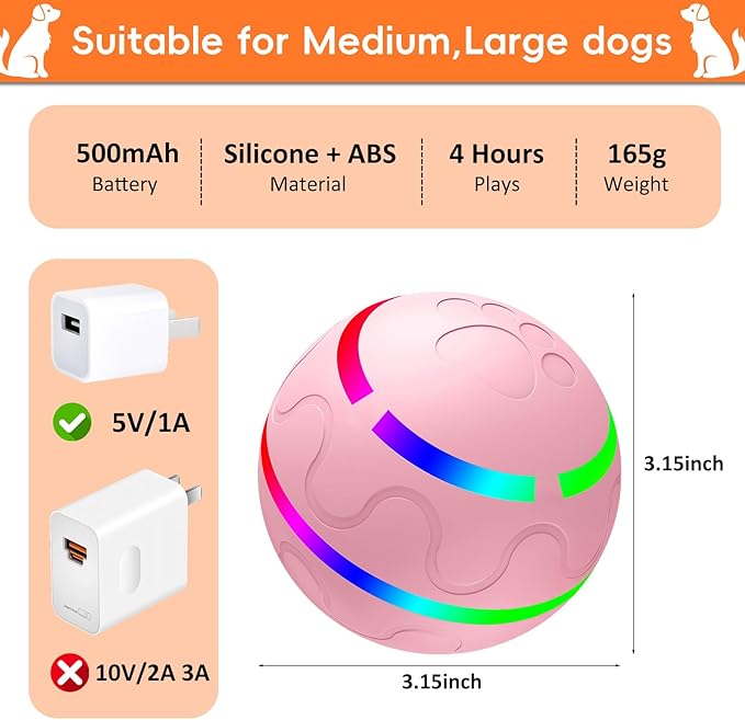 Interactive Dog Ball, Smart Interactive Dog Toys, Automatic Moving Vibrating Bouncing Pet Ball for Medium and Large Dogs, TPU Material, Rechargeable and Waterproof