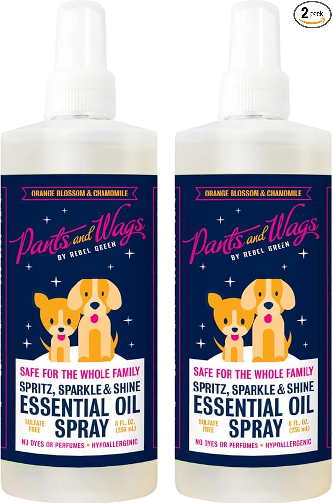 Rebel Green Pants and Wags Spritz, Sparkle & Shine Essential Oil Spray - Orange Blossom & Chamomile - Hypoallergenic - No Dyes or Perfumes - 8 oz - 2 Pack