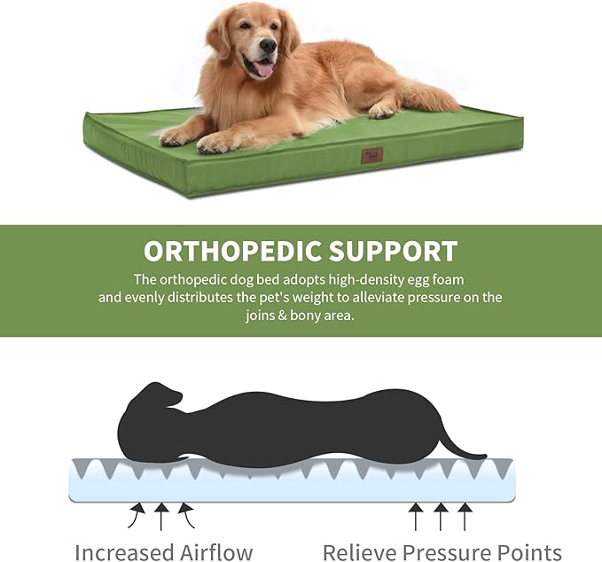 Outdoor Orthopedic Dog Bed, Waterproof Dog Bed for Large Dogs 36x27 Inch, Egg Crate Foam Pet Mat with Washable Removable Oxford Cooling Cover, Light Green