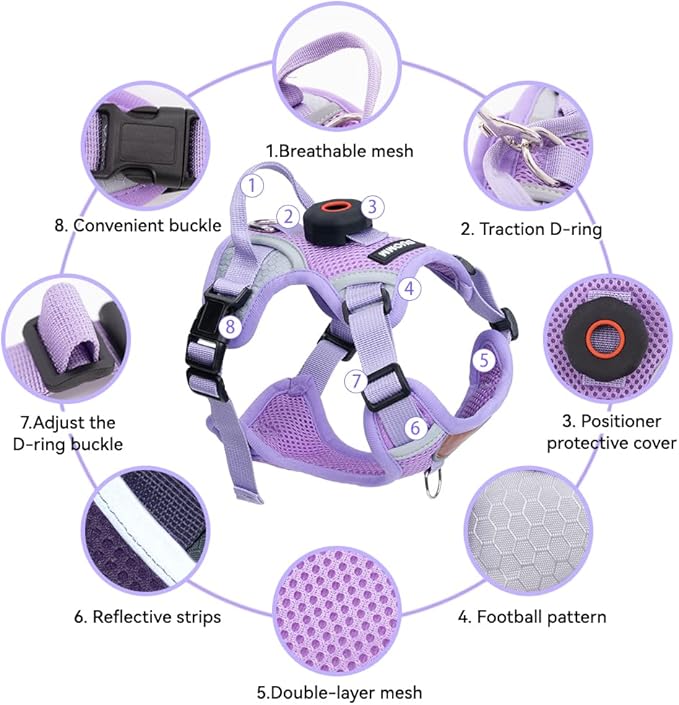 Cat Harness and Leash Set with AirTag Holder: Upgraded Escape Proof Vest with Lead for Small Dog Puppy Large Cat Walking，Soft Breathable Mesh Coat with Reflective Strip (Purple, M)