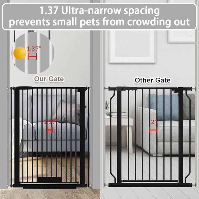 40.55" Tall 1.37" Ultra Narrow Spacing Dogs Pets Baby Gate with Door for Doorway Cat Safety Proof Indoor 57.68-73.43" Extra Wide Puppy Pressure Mounted Black Metal Hallway