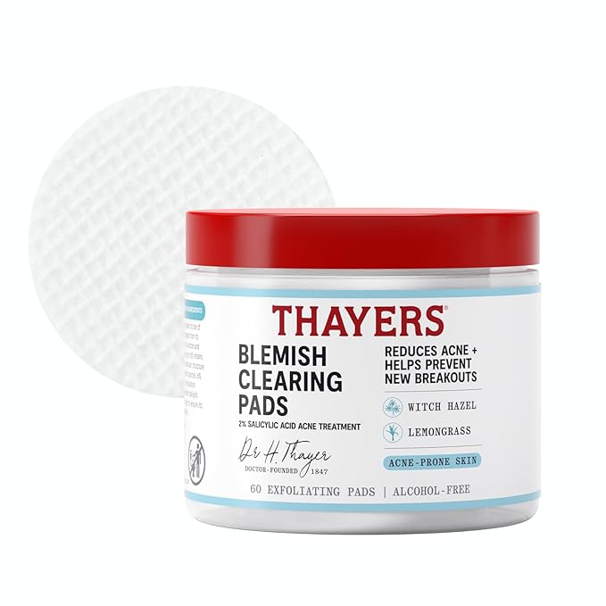Thayers Blemish Clearing Acne Pads, Salicylic Acid Acne Treatment for Face, Pore Reducing, Exfoliating, and Soothing Skincare, Witch Hazel Toner Pads, 60 Ct