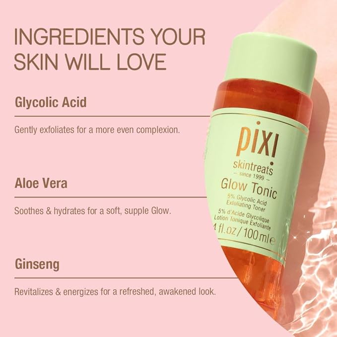 Pixi Glow Tonic Balancing Face Toner Glycolic Acid for Radiant Skin Daily Brightening Toner (3.4 fl oz / 100 ml)