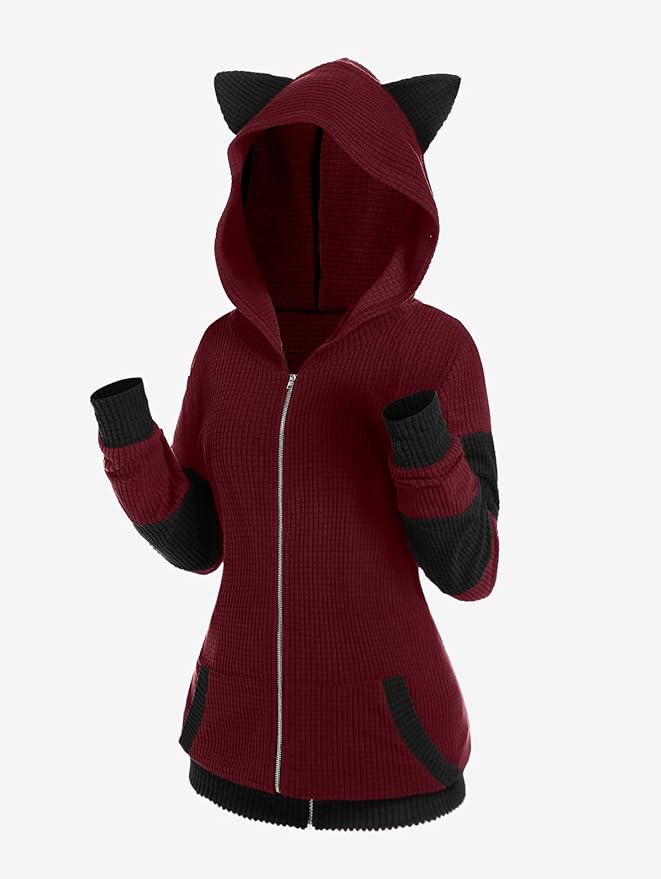 ROSE GAL Rosegal Women Plus Size Cat Ear Ribbed Hooded Blouson Jacket Animal Ear Two Tone Cute Hoodie