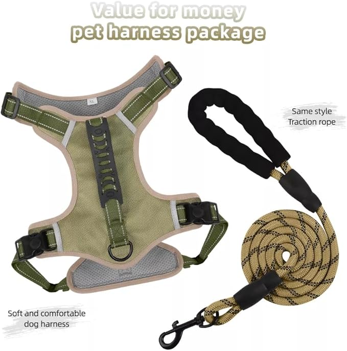 Dog Harness No Pull Adjustable Reflective,for Medium and Large Small Dog with Leash 59.06in (Khaki, XL)
