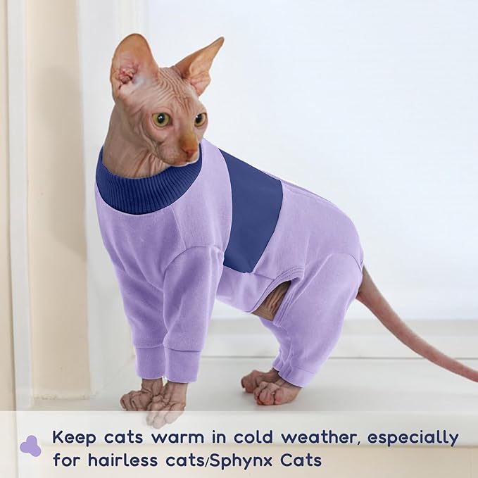 QBLEEV Cat Clothes, Soft Cat Sweaters for Cats Only, Kitten Surgery Recovery Suit Onesie Pajamas, Four Legs Cats Shirts Apparel Clothing for Hair Loss Prevention, Purple, L