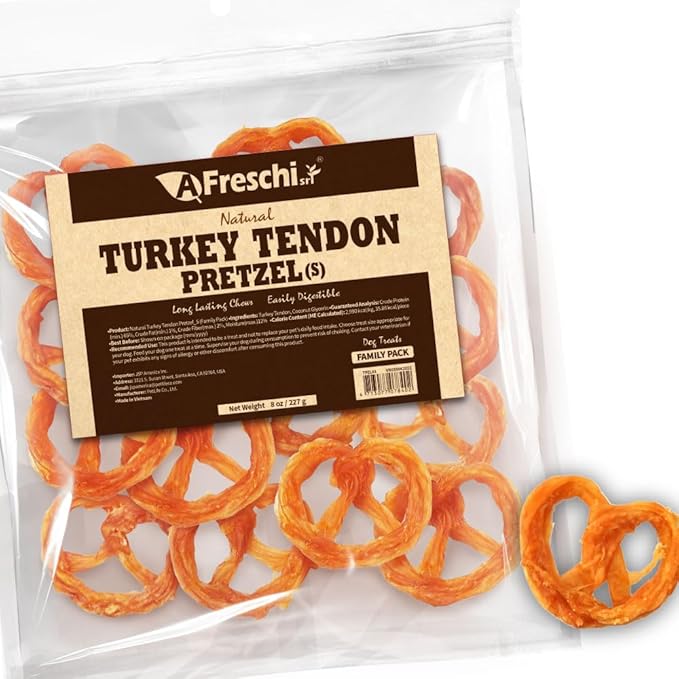 A Freschi srl Turkey Tendons for Dogs, USA-Sourced, Healthy Dog Treats, Rawhide-Free Puppy Chews, Long Lasting, All Natural, Hypoallergenic Dog Treats for Small Breeds, 8 oz Pack Pretzel (S)
