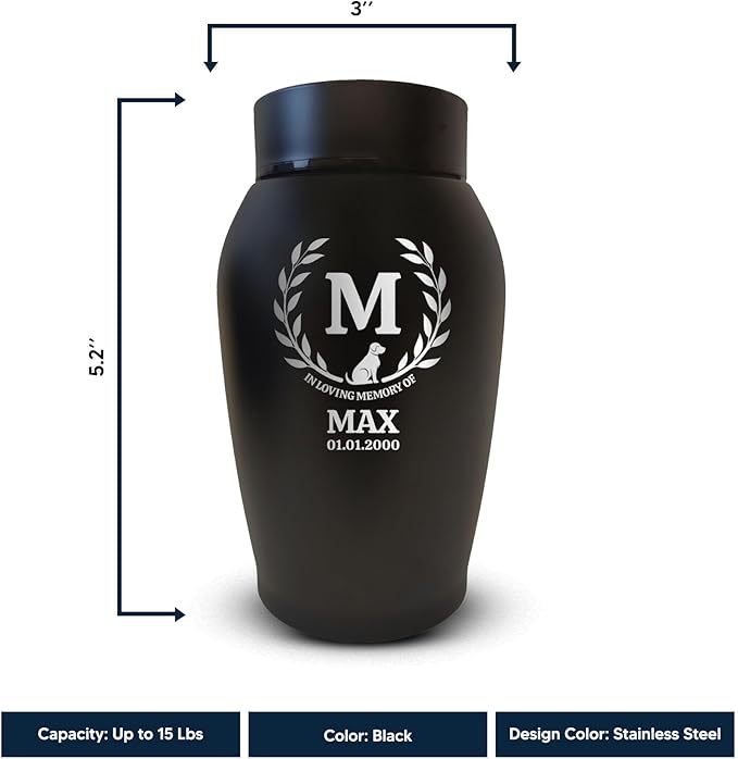 Personalized Custom Small Keepsake Urn Engraved with Pet Name, Date, and Dog Design - 5.2" Black Powder Coated Steel Cremation Urn for Dogs Ashes | 12-16 lb Capacity, Leaves Border