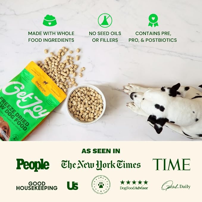 Get Joy Freeze Dried Raw Beef Meal, High Protein Grain Free, Dry Dog Food Meal Mixer and Topper, with Probiotics for Gut Health, Made with 100% USDA Organ Meat, for All Breeds and Ages, 16oz Bag