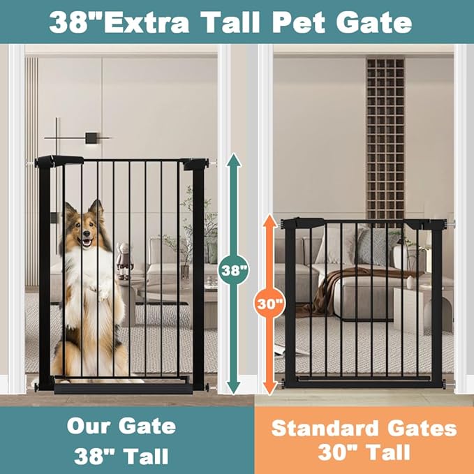 Fairy Baby 38" Extra Tall Baby Gate for Stairs & Doorway, 81.9"-84.6" Extra Wide Long Dog Pet Gate for House Indoor, Long Safety Child Gate No Drill, Metal Auto Close Walk Thru Swing Puppy Gate, Black