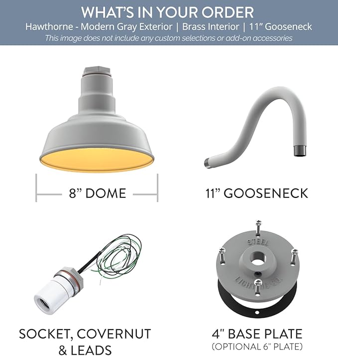 Steel Lighting Co. | Dusk to Dawn | Hawthorne Barn Light | Outdoor Wall Mounted | 8 in Dome | 11 inch Gooseneck| Small Farmhouse Light Made in America | Modern Gray/Brass