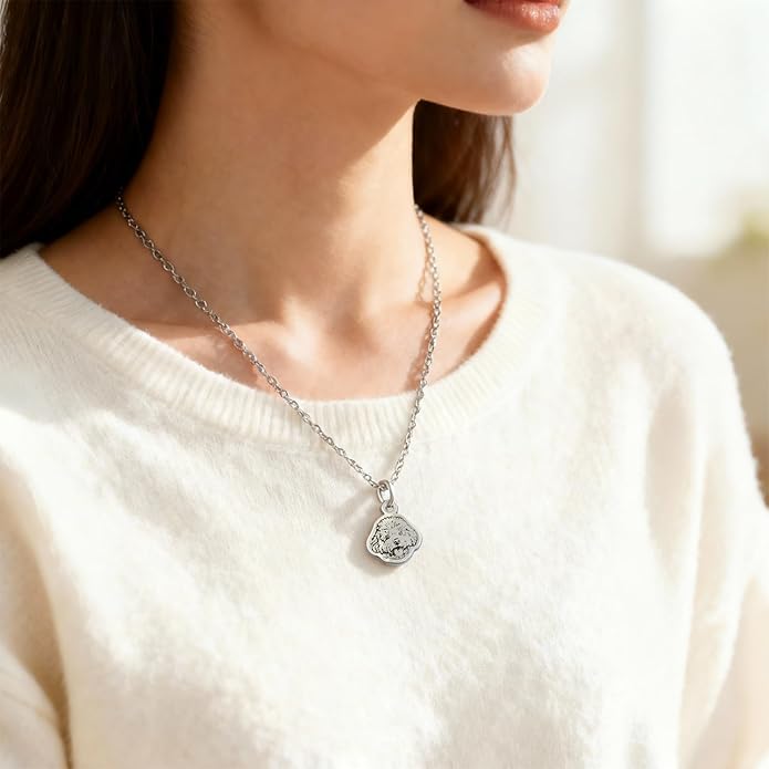 Personalized Pet Portrait Memorial Necklace - Stainless Steel Custom Engraved with Photo, Name & Date, Keepsake Jewelry Gift for Dog Mom, Cat Dad, Animal Lovers (Adjustable Chain)