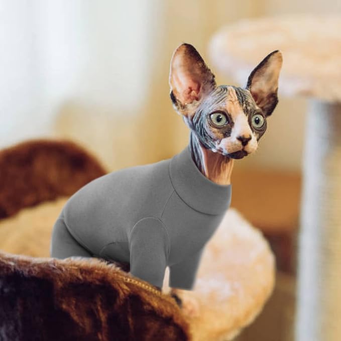 ROZKITCH Hairless Cat Clothes, Breathable Soft Jumpers for Sphynx Cats Only, Coat with Four Legs, Warm Sweater T-Shirt Pajamas Jumpsuit Vest Cornish Rex, Devon Rex, Peterbald Grey L