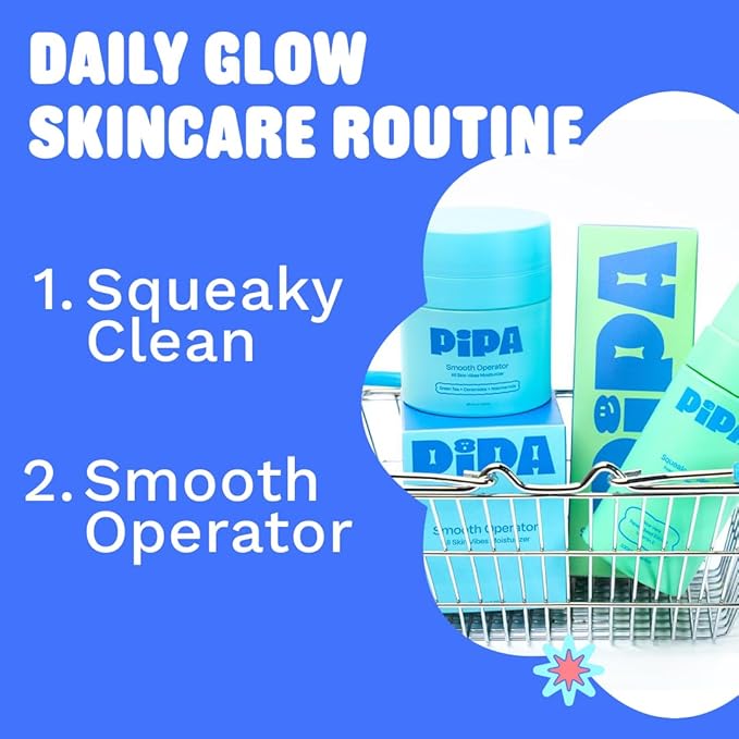 Pipa Skincare Daily Glow Bundle for Kids & Tweens – Smooth Operator Moisturizer, Squeaky Clean Cleanser & Cute Pouch for Gentle, Hydrating, and Effective Daily Skincare - Kids Skin Care Gift Set