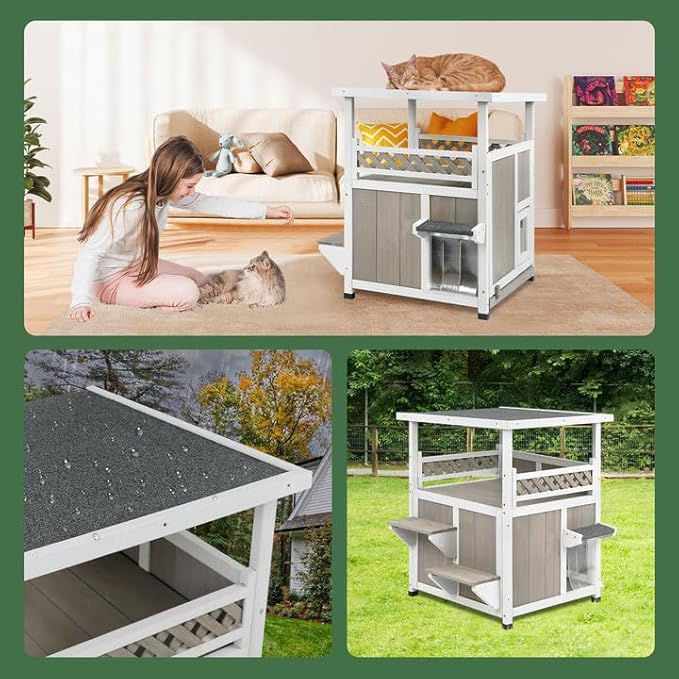 PetsCosset Outdoor Cat House 2 Story Wooden Houses for Outside Feral Cats Weatherproof Indoor Cat Condo with Large Balcony 2 Escape Doors to Enhanced Safety, Easy Slide Bottom, Simple Assembly