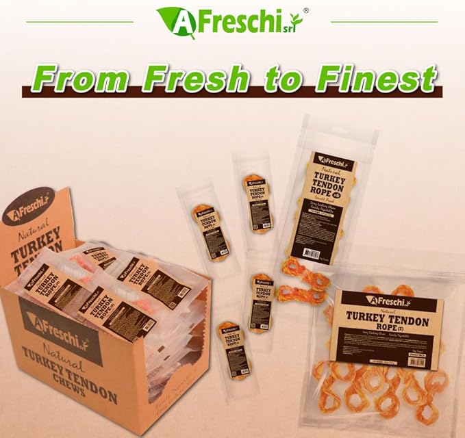 A Freschi srl Turkey Tendons for Dogs, USA-Sourced, Healthy Dog Treats, Rawhide-Free Puppy Chews, Long Lasting, All Natural, Hypoallergenic Dog Treats for Small Breeds, 40 Count Box Rope (S)