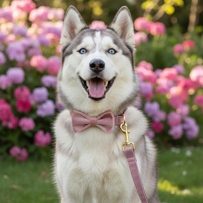 PETDURO Personalized Dog Collar Pink Purple Soft Velvet for Large Medium Small Boy Girl Dogs - Custom Collar with Name Phone Number Engraved on Gold Metal Buckle - Add Leash Bow Set via Customize Now