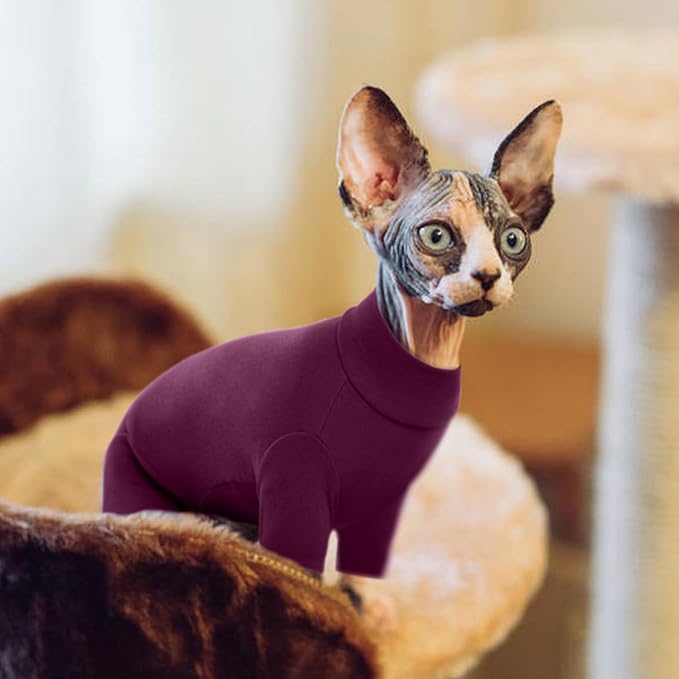 ROZKITCH Cat Pajamas for Cats Only, Breathable Soft Jumpers for Sphynx Only, Coat with Four Legs, Warm Sweater T-Shirt Pajamas Jumpsuit Vest Cornish Rex, Devon Rex, Peterbald Purple M