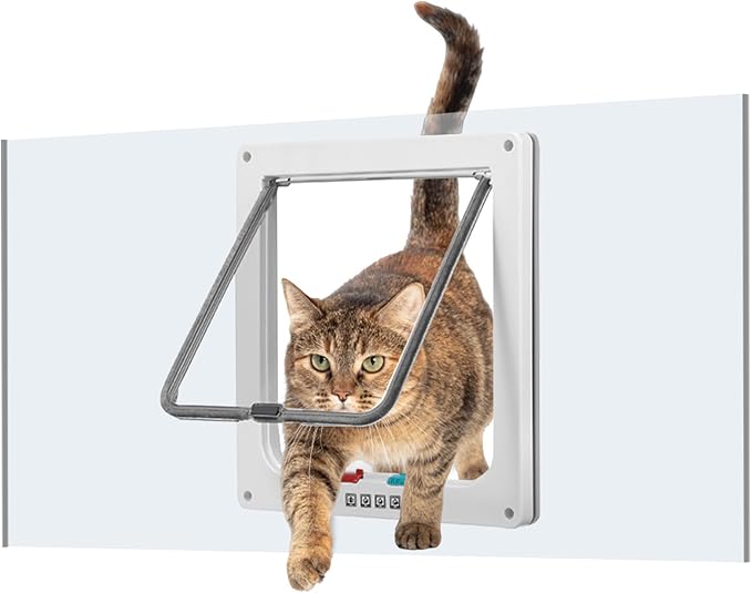 Cat Door for Window, Safety Cat Window with 4 Locking Modes, Fits 14"-32" Window, Pet Friendly Window Cat Door Insert, Ease of Installation, Magnetic Closure, Weatherproof Design, Frosted Plexiglass