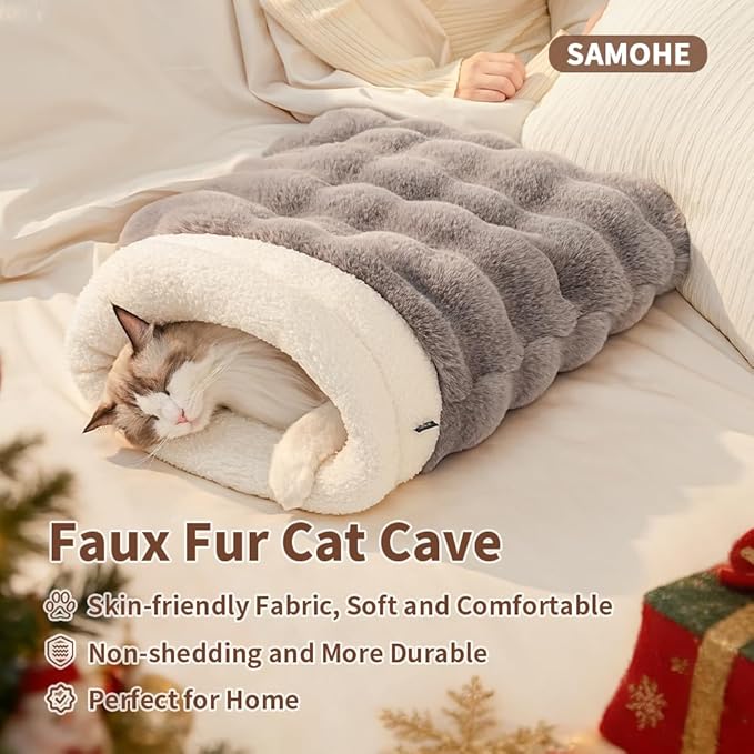 Cat Sleeping Bag for Indoor Cats Self Warming Cat Bed Fits up to 15 lbs Pets Soft Plush Warm Bed 360° Wrap Bag Washable Comfortable Pet Sleeping Bed 21" × 17" Coffee