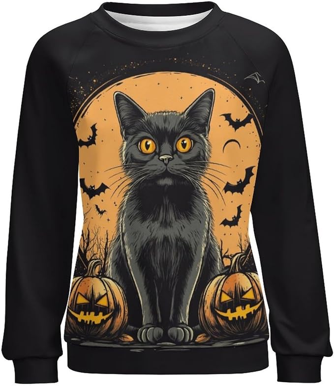 Halloween Sweatshirts for Women Black Cat Print Pullover Crewneck Oversized 2024 Fall Fashion Casual Warm Shirt