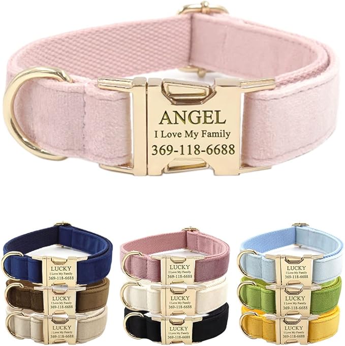 PETDURO Custom Dog Collar Personalized with Name Engraved Quick Release Rose Gold Metal Buckle for Large Medium Small Girl Dogs - Dog Leash and Bow Tie Available - Soft Comfy Velvet (Pink, L)