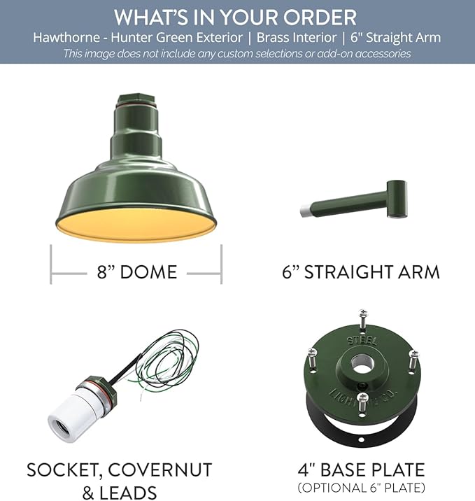 Steel Lighting Co. | Dusk to Dawn | Hawthorne Barn Light | Outdoor Wall Mounted | 8 in Dome | 6 in Straight Arm| Small Farmhouse Light Made in America | Hunter Green/Brass