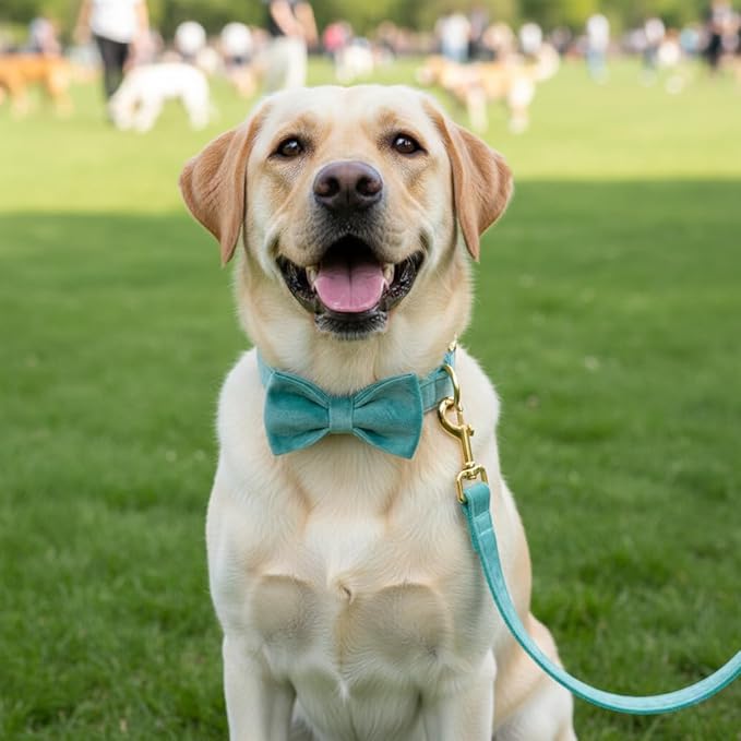PETDURO Personalized Dog Collar Mint Green Soft Velvet for Large Medium Small Boy Girl Dogs - Custom Collar with Name Phone Number Engraved on Gold Metal Buckle - Add Leash Bow Set via Customize Now