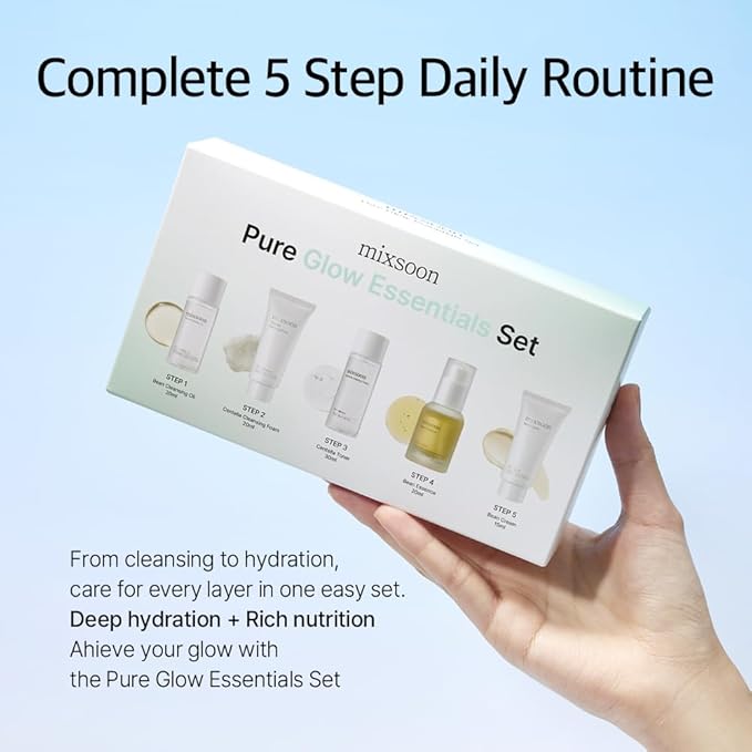mixsoon Pure Glow Essentials Set - 5-Step Skincare Kit - Travel kit, Travel size kit, Hydrating Skincare Gift Set (15ml*1+20ml*3+30ml*1) Korean Glass Skin Care
