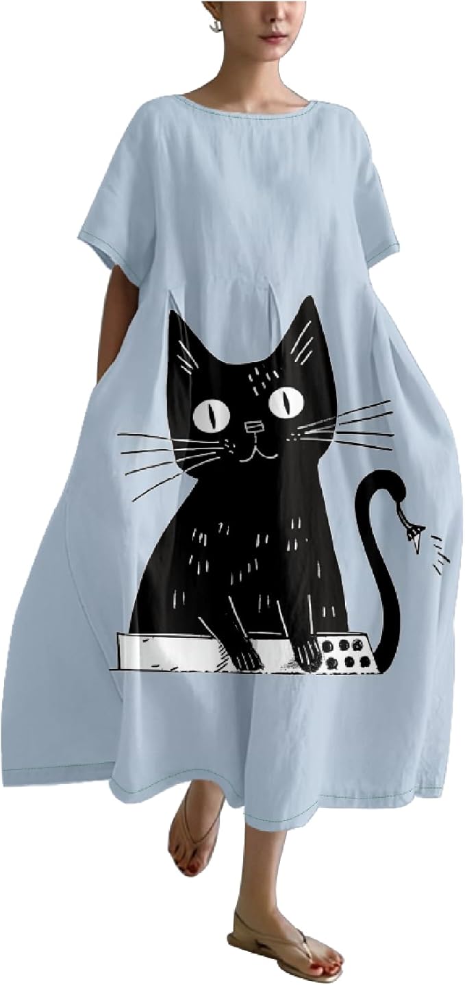 MARSVOVO Summer Dress for Women Funny Cat Graphic Cute Short Sleeve Maxi Dress Causal Plus Size Party Dress for Women
