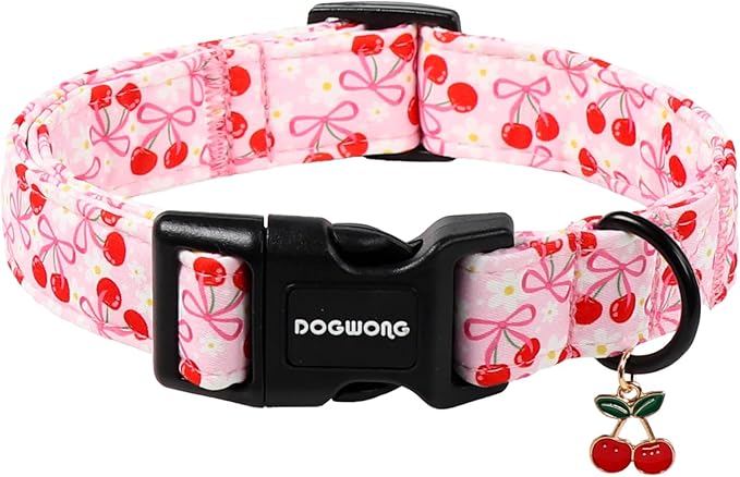 DOGWONG Pink Dog Collar- Cute Cherry Flower Dog Collars Adjustable Girl Female Dog Collar for Small Medium Dogs, M