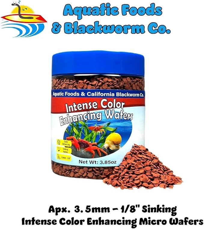 Aquatic Foods Inc. 3.5mm - 1/8" Micro Sinking Color Enhancing Wafers for Bottom Fish, Plecos, Catfish, Shrimp, Snails, All Tropical Fish, 4-Type Wafer & 12-Type Pellet Mix Included...5oz Canister