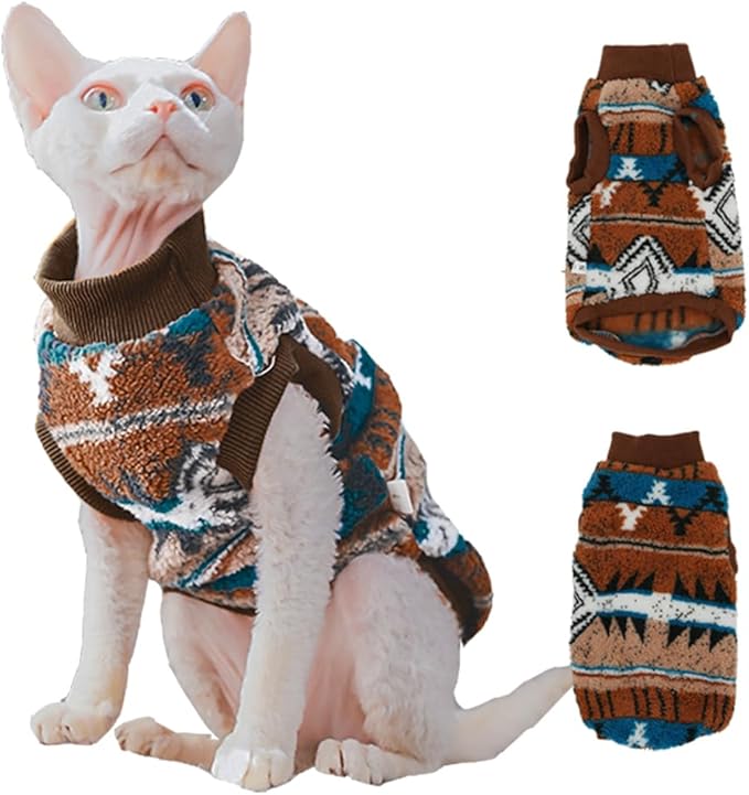 Sphynx Cat Clothes,Boho Style Cat Clothes for Fall Winter, 2-Legged Fleece Lined Warm Shirt, Soft Plush Sweater for Hairless Cats Devon Rex (Brown, Small (2.5-3.5lbs))