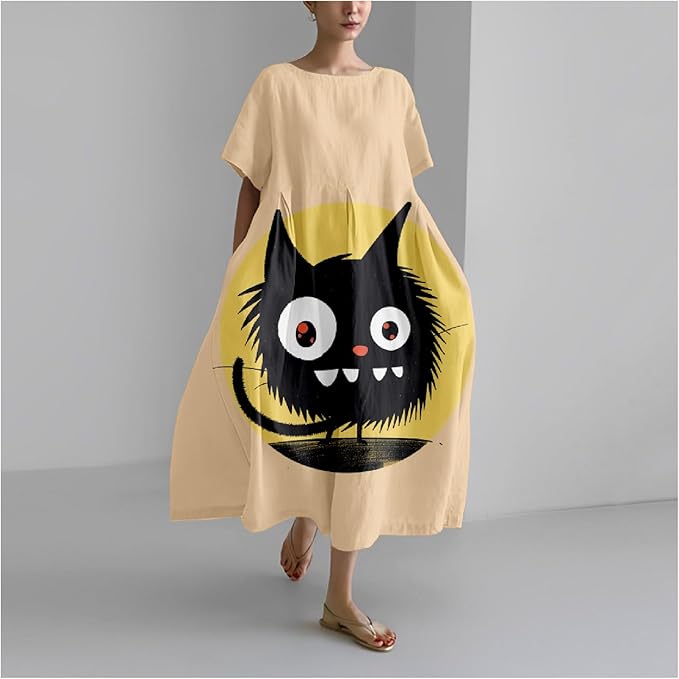 MARSVOVO Summer Dress for Women Funny Cat Graphic Cute Short Sleeve Maxi Dress Causal Plus Size Party Dress for Women