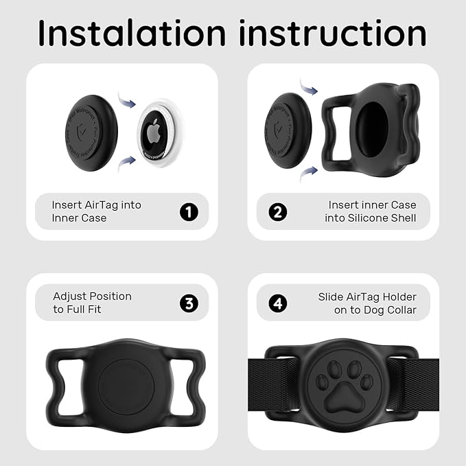 for Airtag Dog Collar Holder, Dog Airtag Holder Waterproof, Lightweight & Soft Silicone Air Tag Case for Pet Collars, Works with Multiple Tracker Tag Products (Black1, 1 Pack)