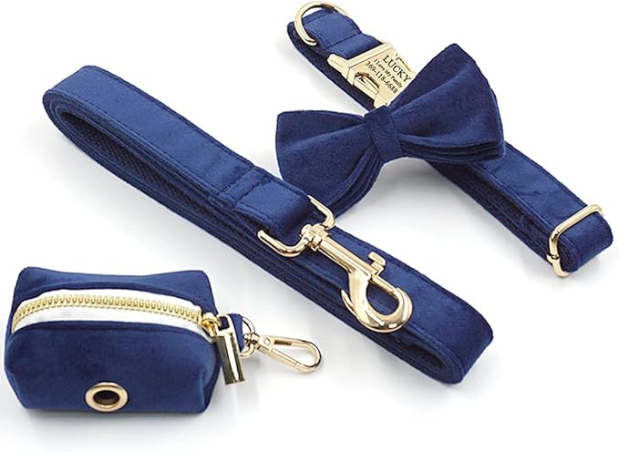 PETDURO Custom Dog Collar Personalized with Name Engraved Quick Release Rose Gold Metal Buckle for Large Medium Small Girl Dogs - Dog Leash and Bow Tie Available - Soft Comfy Velvet (Dark Blue, L)