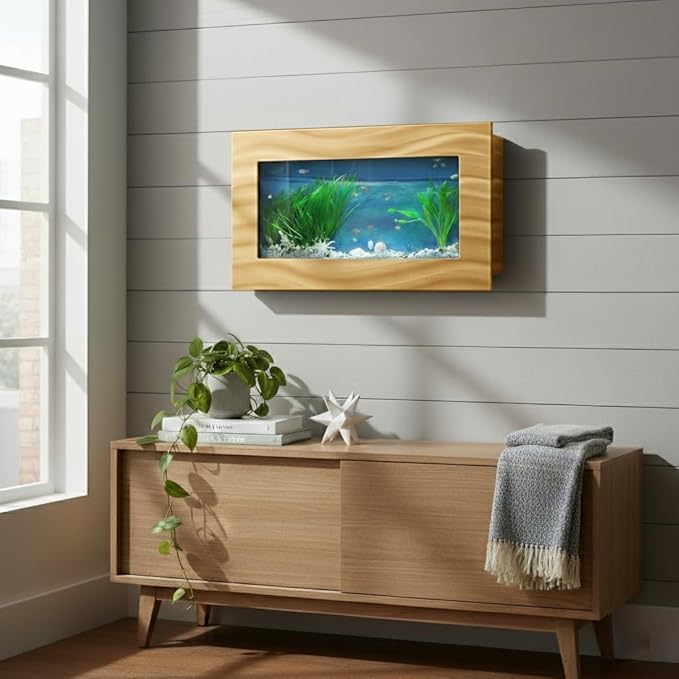 Aussie Aquariums 3.0 Wall Mounted Fish Tank Kit with LED Lighting, Built-in Filter System, Modern Space-Saving Design, Complete Accessories Set (Skyline, Gold)